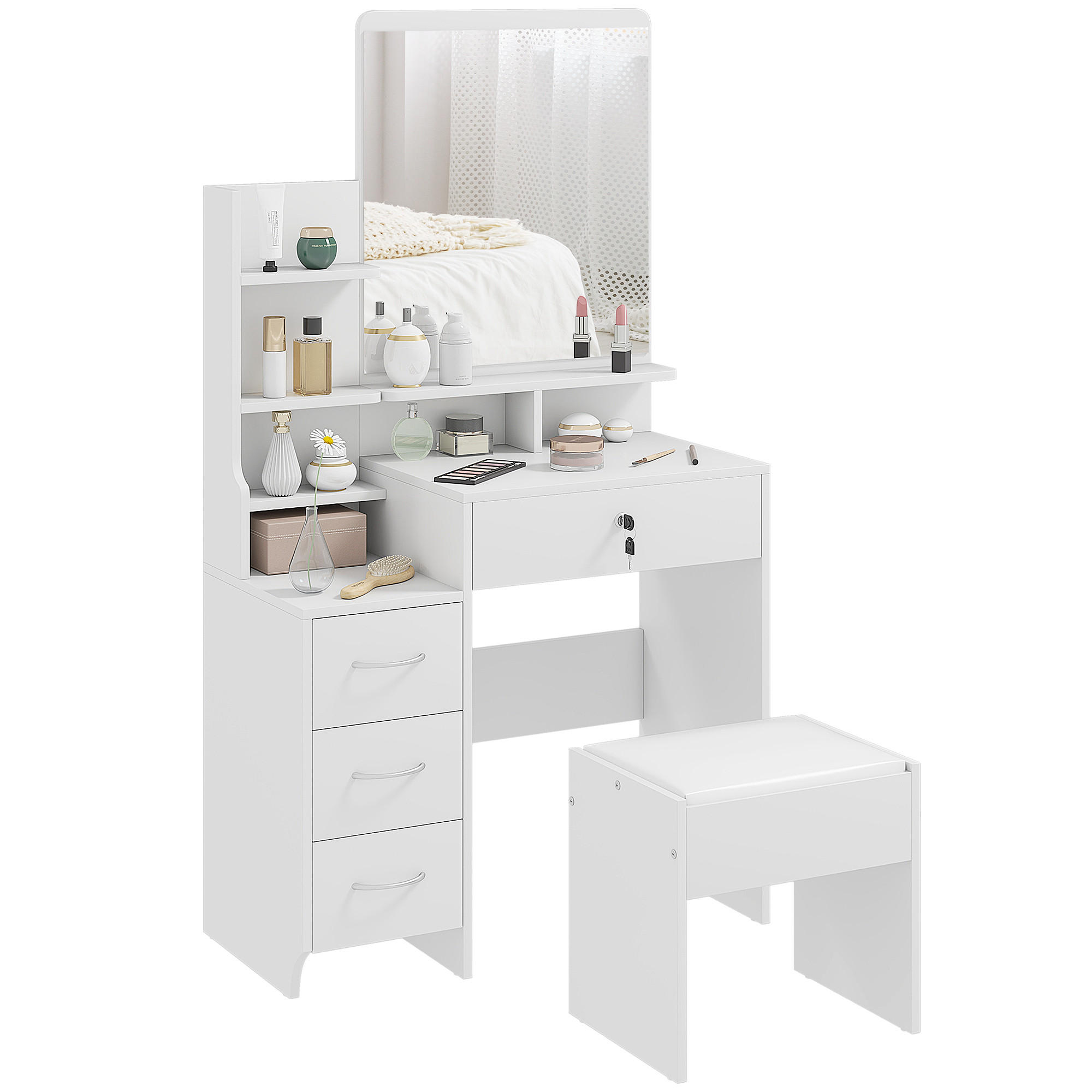 SCHMINKTISCH DE-18290 mit großem Spiegel & 4 Schubladen Weiß - Weiß, Holzwerkstoff (38/143/80cm) - ComfortXL