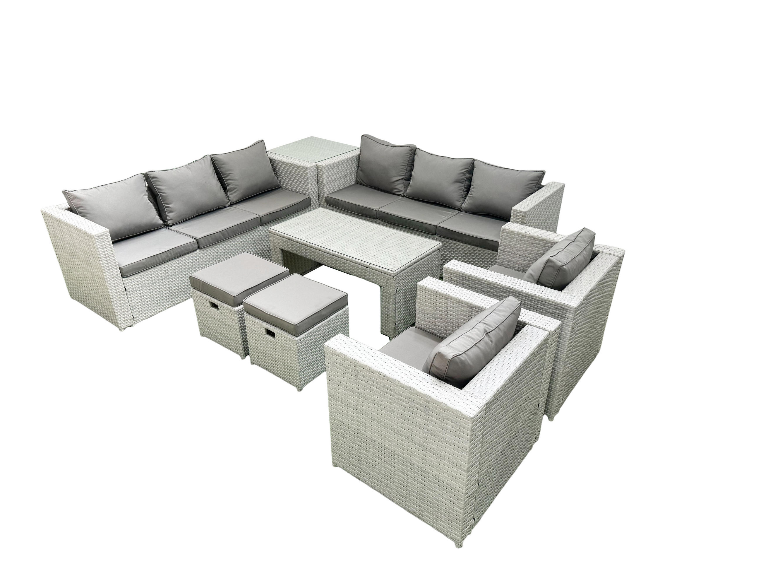 GARTENSOFA hohe Rückenlehne Polyrattan Hellgrau-Mix 10-Sitzer - Hellgrau/Grau, Glas/Kunststoff - Fimous