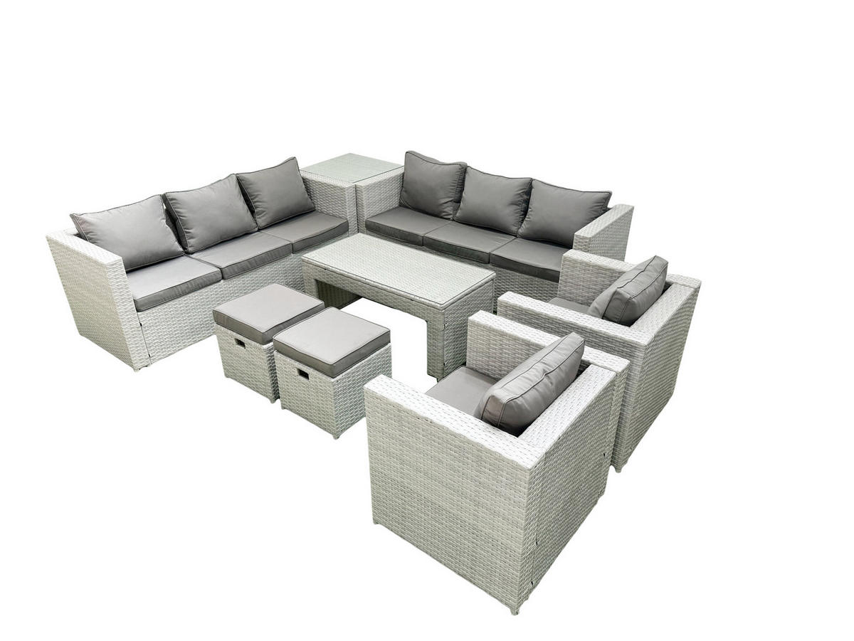 GARTENSOFA hohe Rückenlehne Polyrattan Hellgrau-Mix 10-Sitzer - Hellgrau/Grau, Glas/Kunststoff - Fimous
