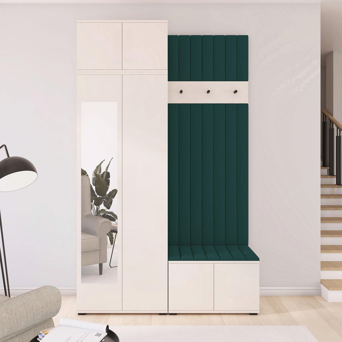 GARDEROBE Napoli version 14 mit Spiegel, mit POLSTERPANEELEN Grün - Beige/Grün, Holzwerkstoff (140/225/40cm) - Jerpax