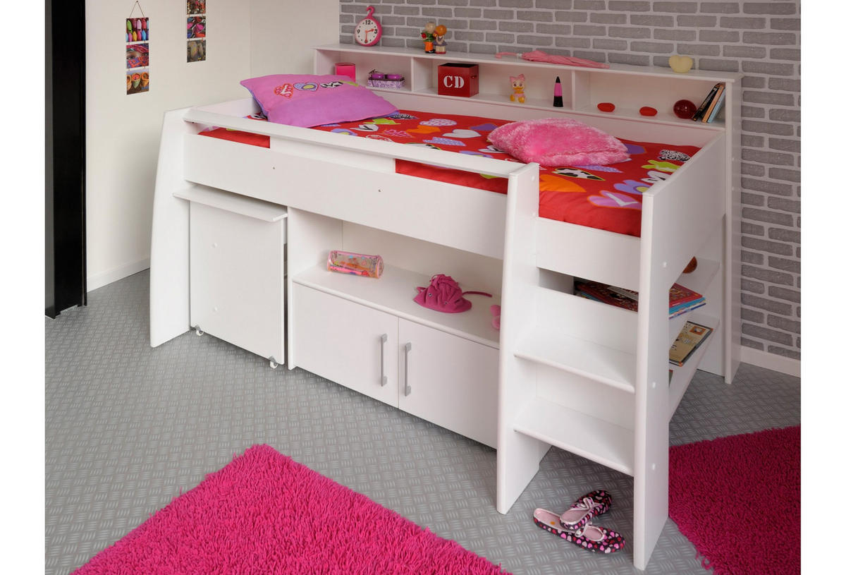 HOCHBETT Jugendzimmer Bett 90 x 200 mit Schreibtisch ausziehbar - Silberfarben/Weiß, Holz/Holzwerkstoff (90/200cm) - Parisot Meuble