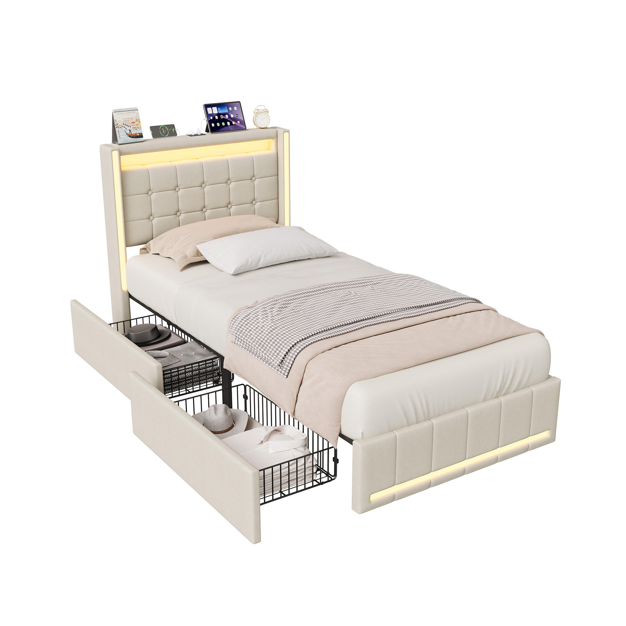 POLSTERBETT 90x200 cm Beige mit LED, Stauraum-Kopfteil & 2 Schubladen - Beige, Holz (90/200cm)