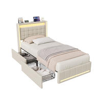 POLSTERBETT 90x200 cm Beige mit LED, Stauraum-Kopfteil & 2 Schubladen - Beige, Holz (90/200cm)