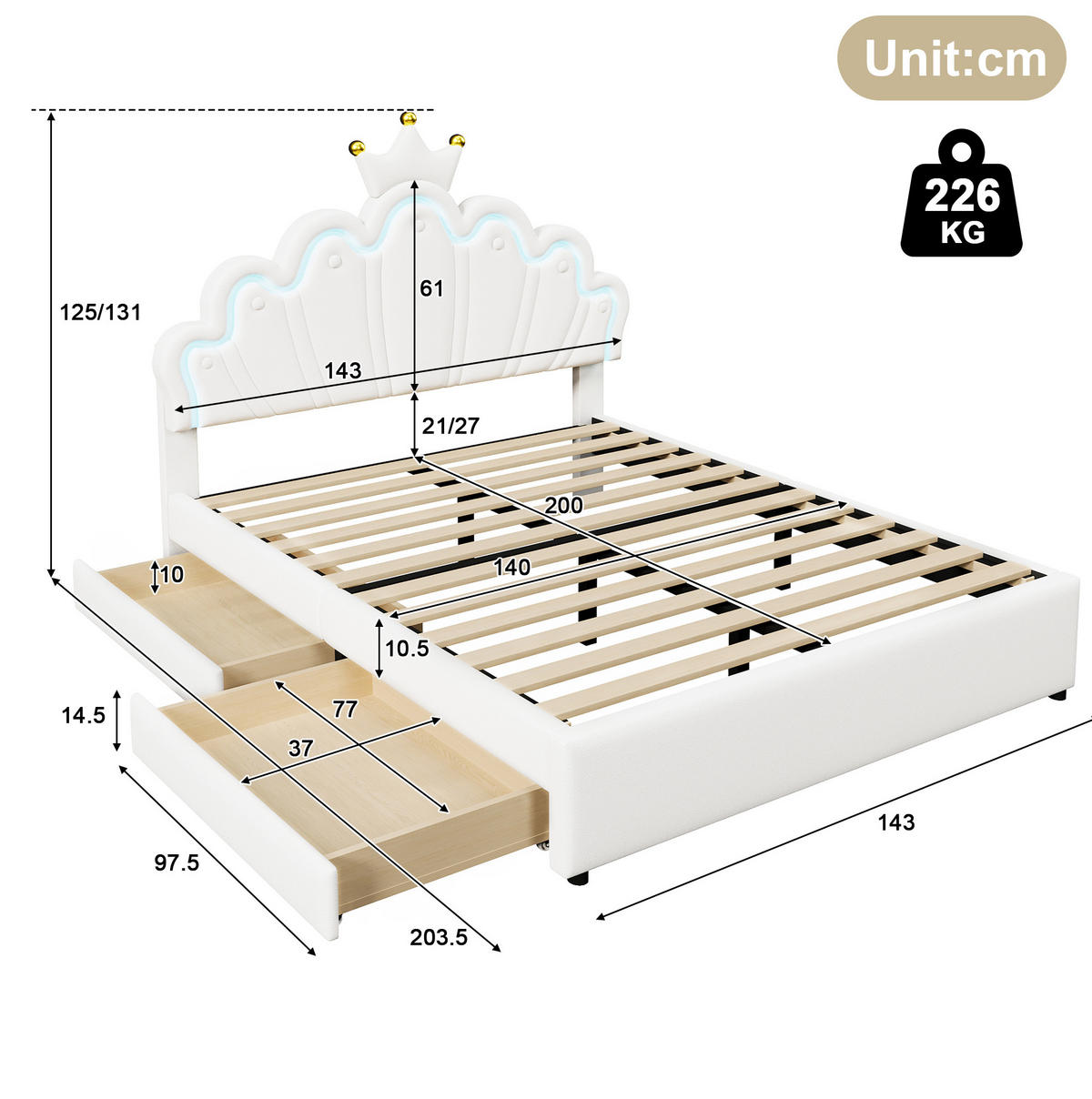 KINDERBETT Polsterbett 140/200 cm aus PU mit verstellbarem Kopfteil und LED-Ambientelicht Weiß - Weiß, Leder (140/200cm) - Modenvie