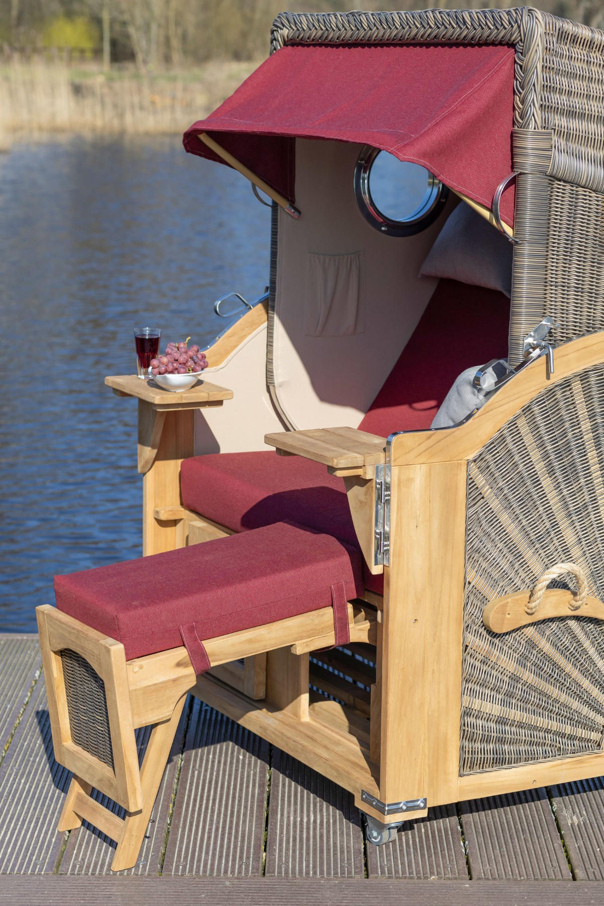 STRANDKORB Komplettset: Ammersee Teak Bullauge - PE grau - Modell 594 - Rot/Grau, Holz/Kunststoff (125/165/80cm) - bene living