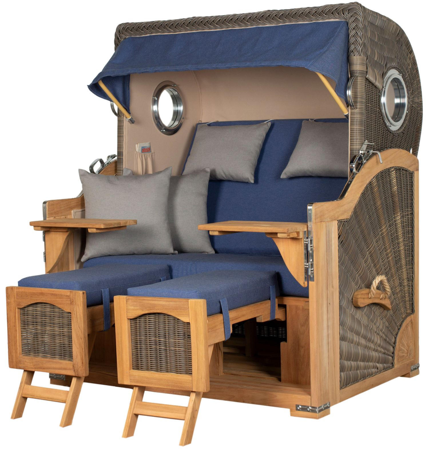 STRANDKORB Komplettset: Ammersee Grande XL Teak Bullauge - PE grau - Modell 595 - Blau/Grau, Holz/Kunststoff (142/165/95cm) - bene living