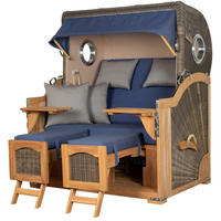 STRANDKORB Komplettset: Ammersee Grande XL Teak Bullauge - PE grau - Modell 595 - Blau/Grau, Holz/Kunststoff (142/165/95cm) - bene living