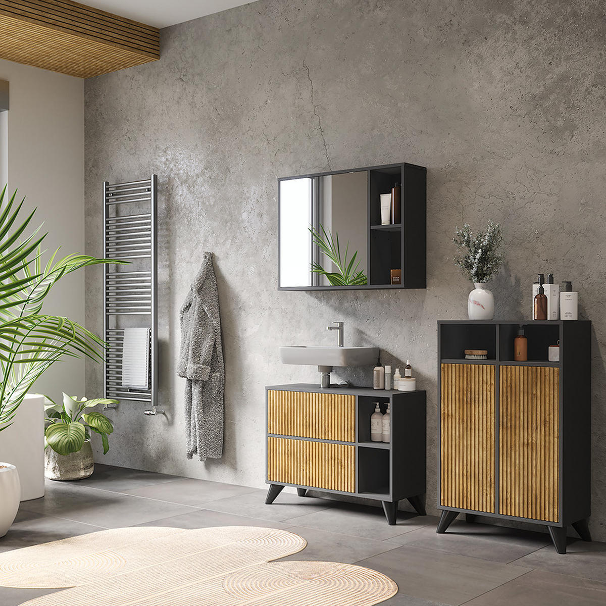 MIDISCHRANK Leano Anthrazit/Bergeiche 60 x 97 cm mit 2 Türen - Anthrazit, Holzwerkstoff (60/97/30cm) - Vicco