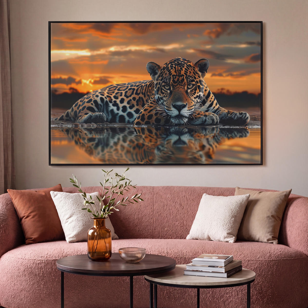 LEINWAND Bilder mit Rahmen - Natur - Leopard - Tier - Sonnenuntergang - Modern - 120x80 - Orange, Textil (120/80cm) - MuchoWow