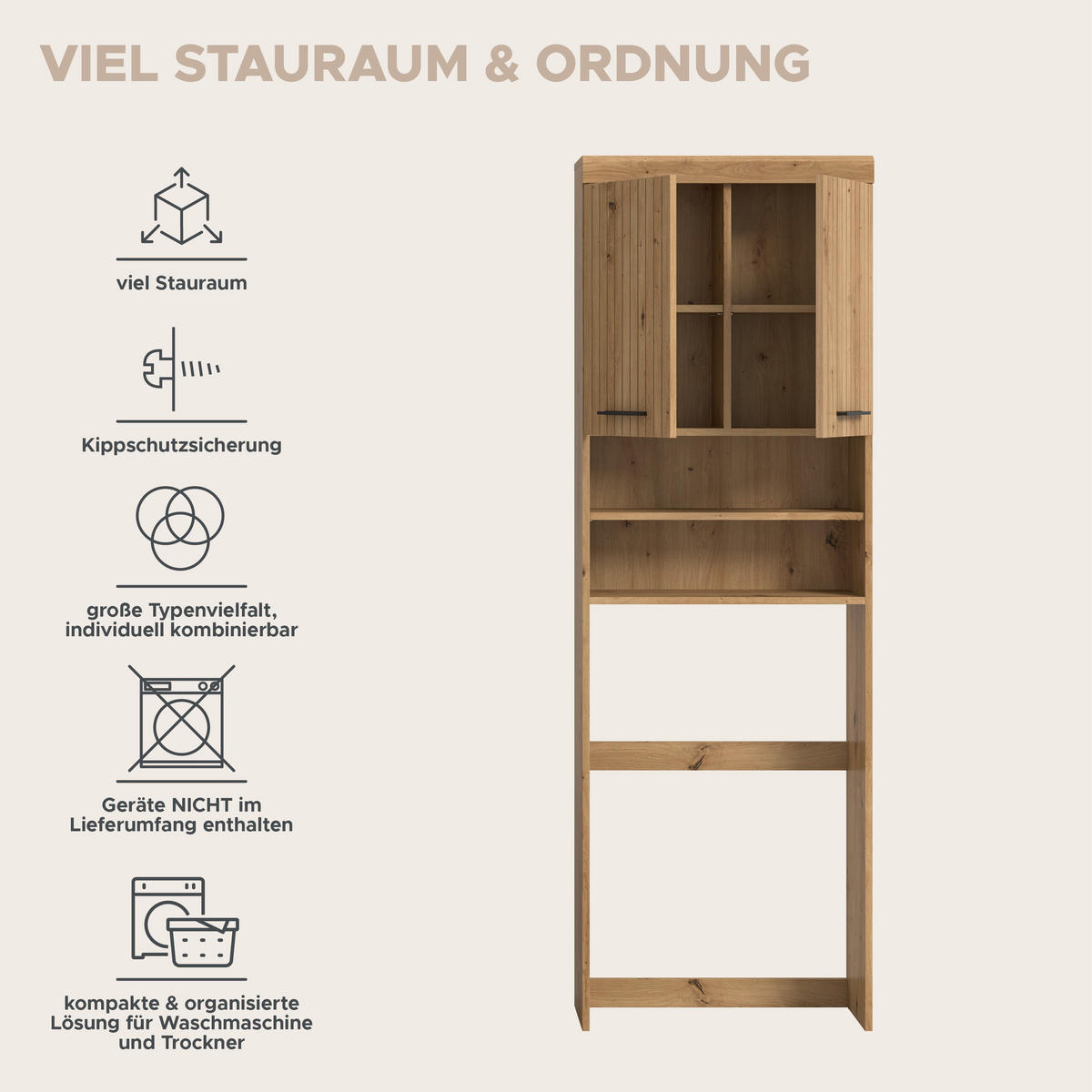 WASCHMASCHINENÜBERBAU Vento (B/H/T: ca. 63/191/24 cm) in Artisan Eiche Nachbildung/Artisan Eiche Nachbildung - Eiche Artisan, Holz (63/191/24cm)
