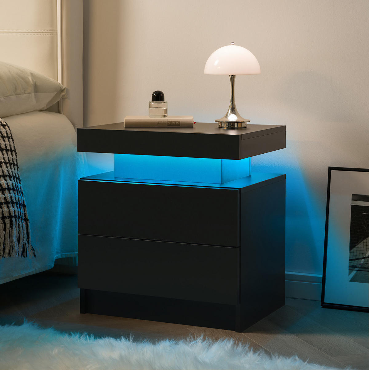 NACHTTISCH 50/53/36 cm schwarz aus Holzwerkstoff mit LED-Beleuchtung und 2 Schubladen - Schwarz, Holzwerkstoff (53/36/50cm) - OKWISH