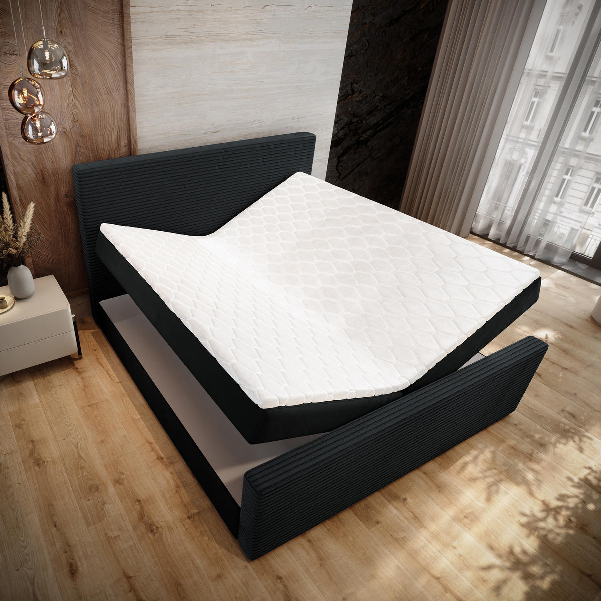 BOXBETT ALORIA 160x200 cm mit Matratze und Topper - Schwarz - Schwarz, Holz (160/200cm) - MASSENO