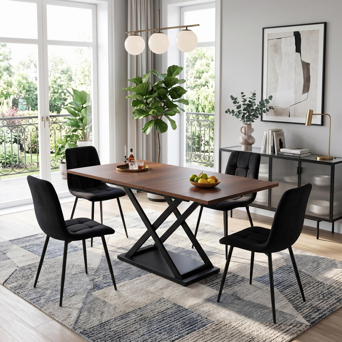 ESSGRUPPE Ausziehbarer Esstisch 120-160cm Nussbaum & 4 Samtstühle Schwarz - Walnussfarben, Holzwerkstoff (160/75/80cm) - Urban Meuble