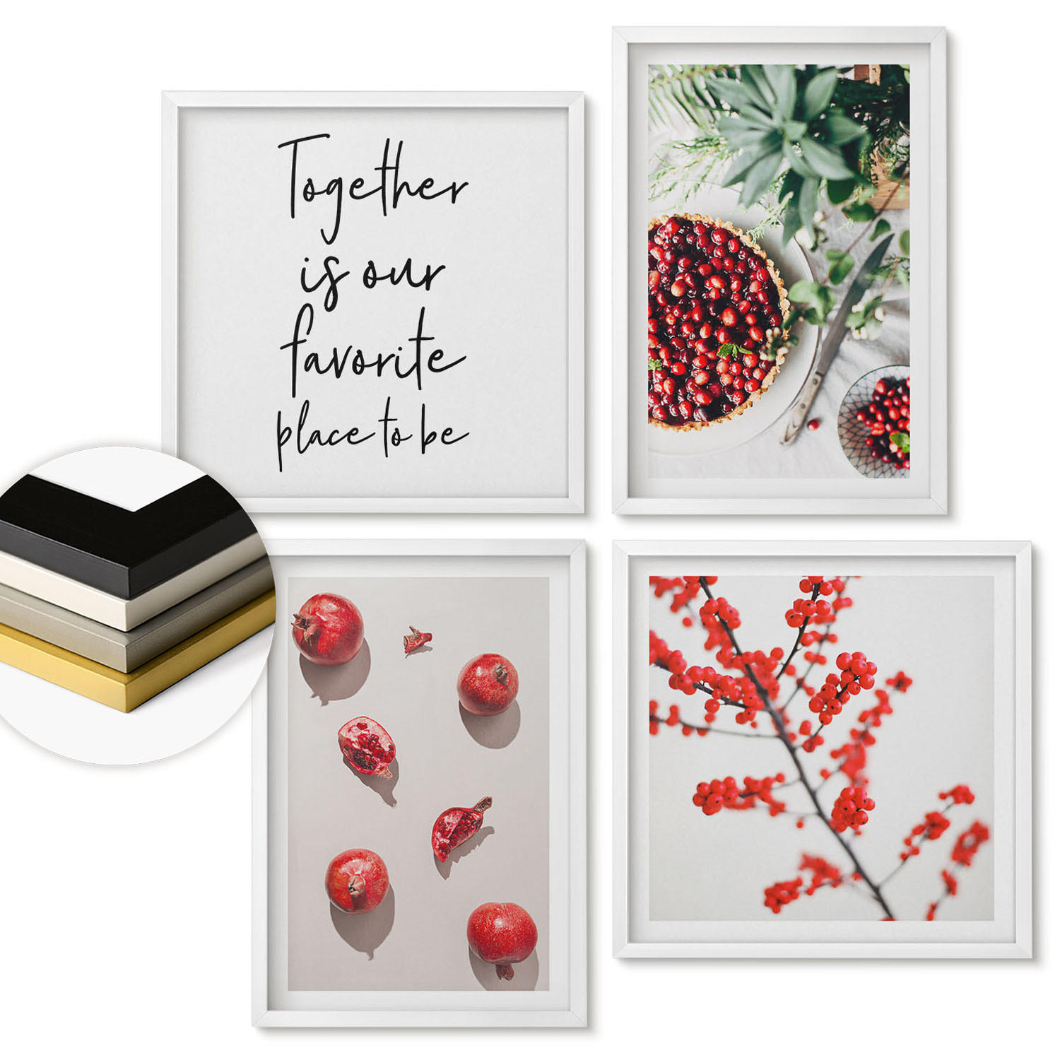 WANDBILDER 4er-Set - 50x50 cm & 40x60 cm Weißer Rahmen - Minimalismus der roten Früchte von Pflanzen - Weiß, Kunststoff (50/50cm) - ArtPrintCave
