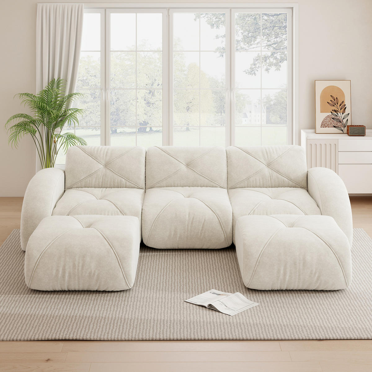 SOFA rahmenloses Modulsofa Chenille White mit 2 Hockern - Weiß, Kunststoff (171/76/281.1cm) - Meubliv