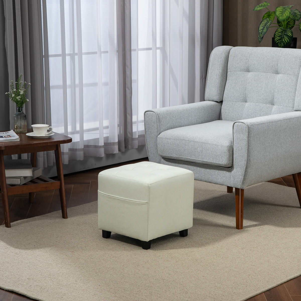 HOCKER DE-16461 mit Seitentasche und Knopfheftung Creme - Creme, Holzwerkstoff (35/35/35cm) - ComfortXL