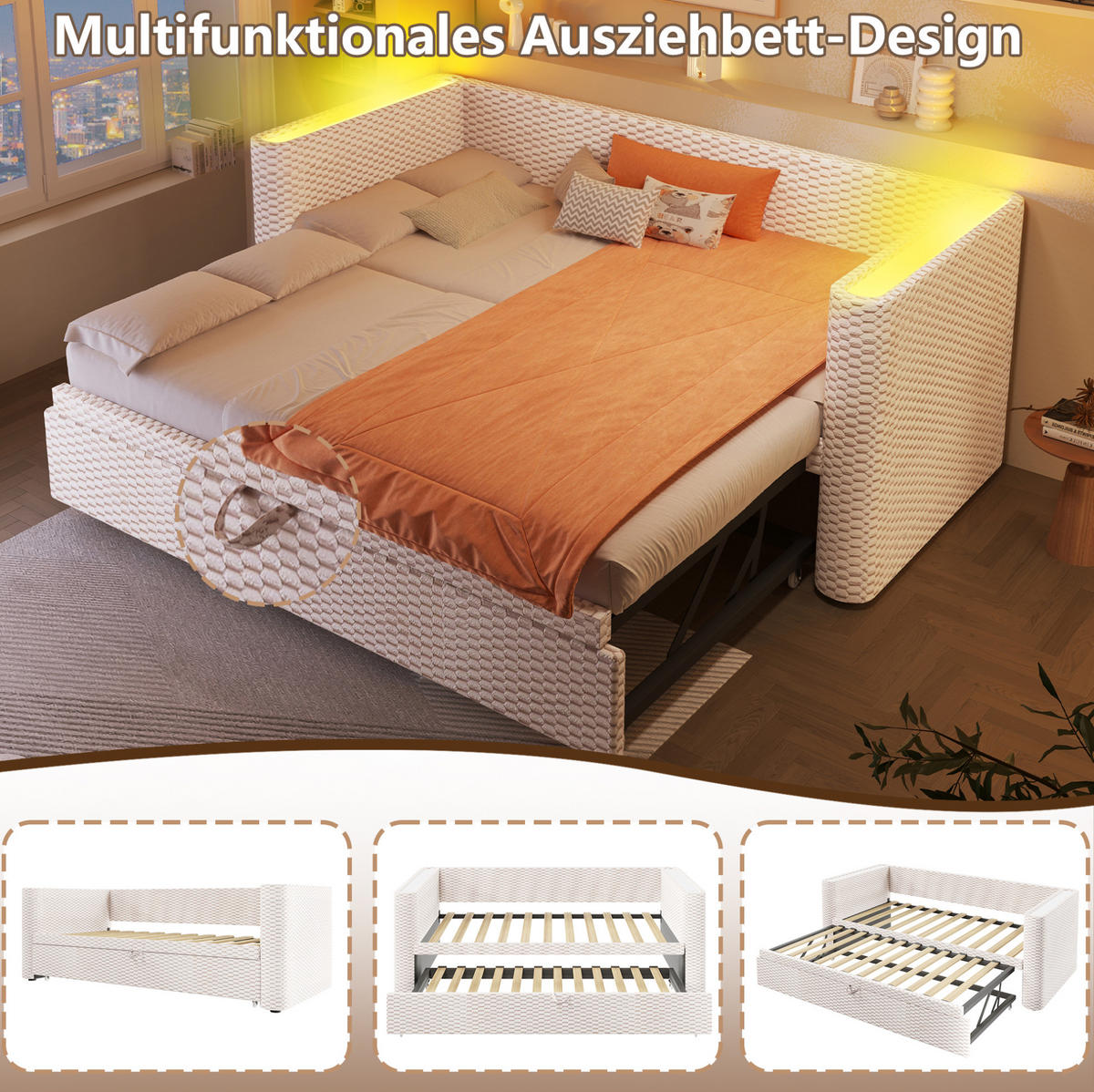 TAGESBETT aus Samt 90x200 cm Beige mit Ausziehfunktion, LED-Beleuchtung und Liegefläche 180x200 cm - Beige, Textil (90/200cm) - Modfu