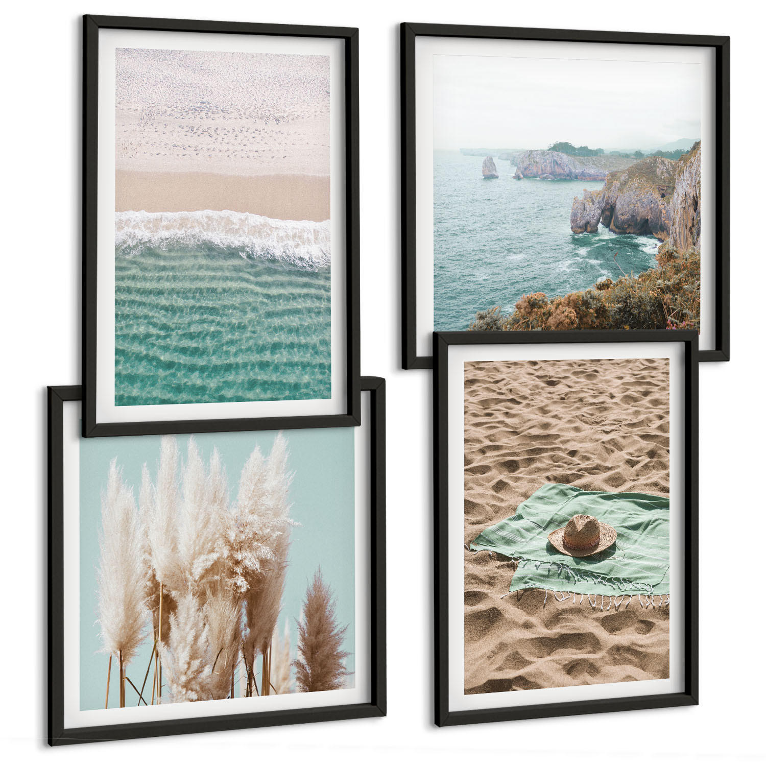 BILDER SET 4er Set - 50x50 cm & 40x60 cm Schwarzer Rahmen - Strandwellen Grashut - Schwarz, Kunststoff (50/50cm) - TULUP