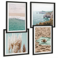 BILDER SET 4er Set - 50x50 cm & 40x60 cm Schwarzer Rahmen - Strandwellen Grashut - Schwarz, Kunststoff (50/50cm) - TULUP