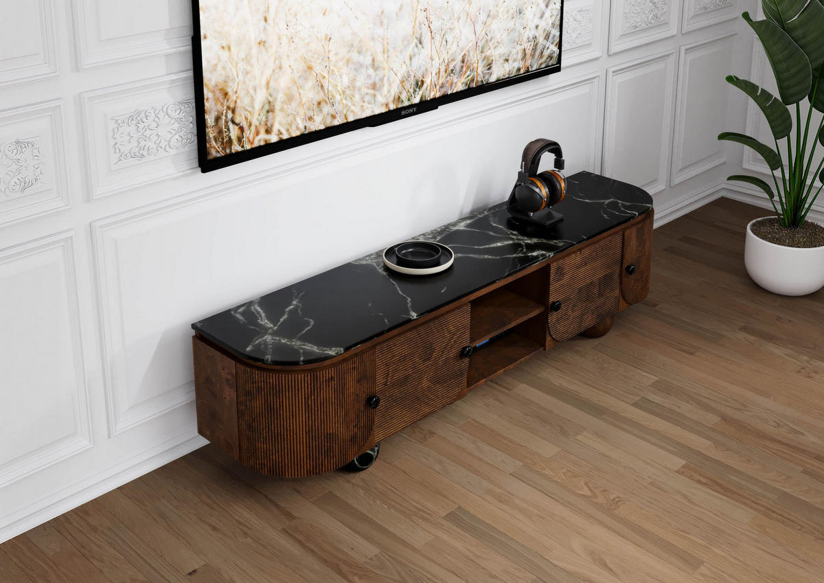 TV-BOARD Mango 180x40x50 dunkelbraun lackiert / Marmor schwarz FLORENZ #200 - Dunkelbraun, Holz (180/50/40cm) - Massivmoebel24