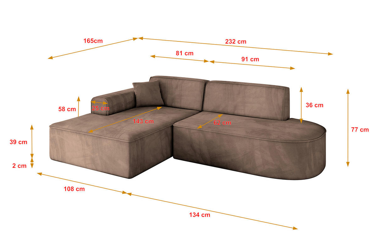ECKSOFA Ottomane Links IREA-L1-v3 - 232x165x77 cm Braun - Braun, Holzwerkstoff/Textil (232/165cm) - ALTDECOR