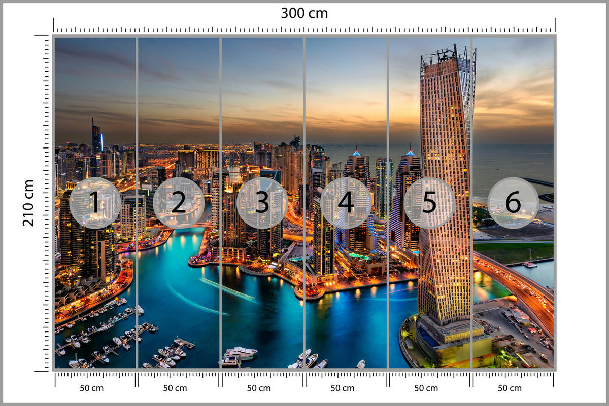 FOTOTAPETA Pre Kanceláriu Mrakodrapy Dubai Marina Prístav Svetlá Moderná 300 x 210 cm - oranžová/hnedá, papier (300/210cm) - Muralo