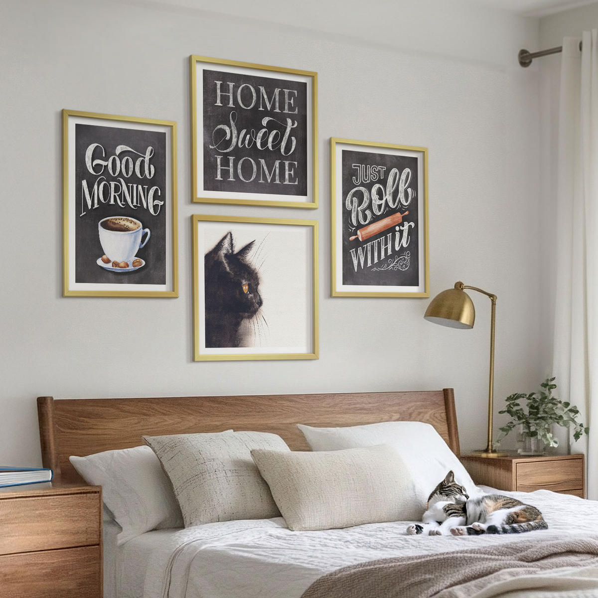 BILDER SET 4er Set - 50x50 cm & 40x60 cm Goldrahmen - Hausküchenthemen Katze - Goldfarben, Kunststoff (50/50cm) - TULUP
