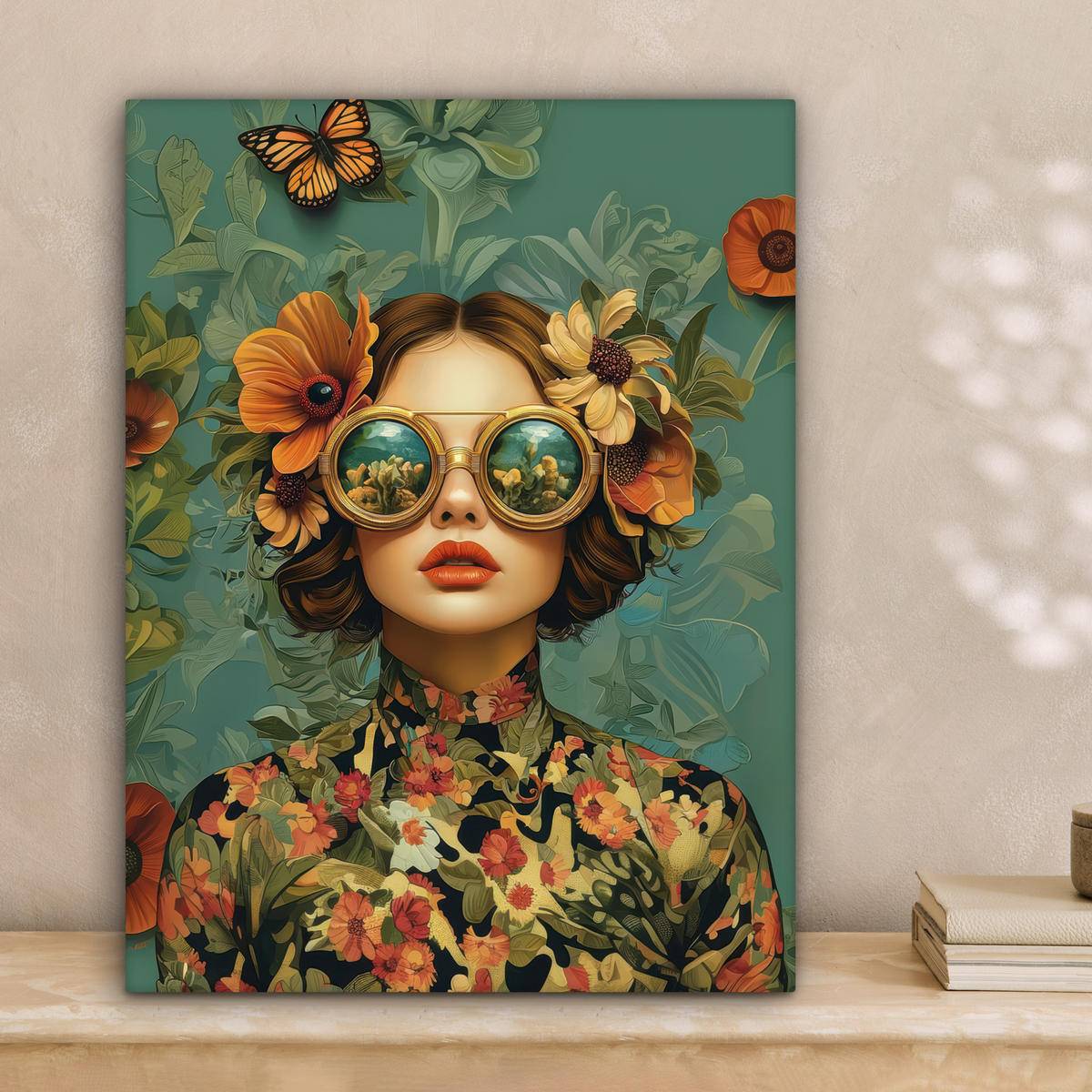 LEINWANDBILD Frau - Blumen - Schmetterlinge - Natur - Vintage Room Decor 30x40 cm - Salbeigrün, Textil (30/40cm) - MuchoWow