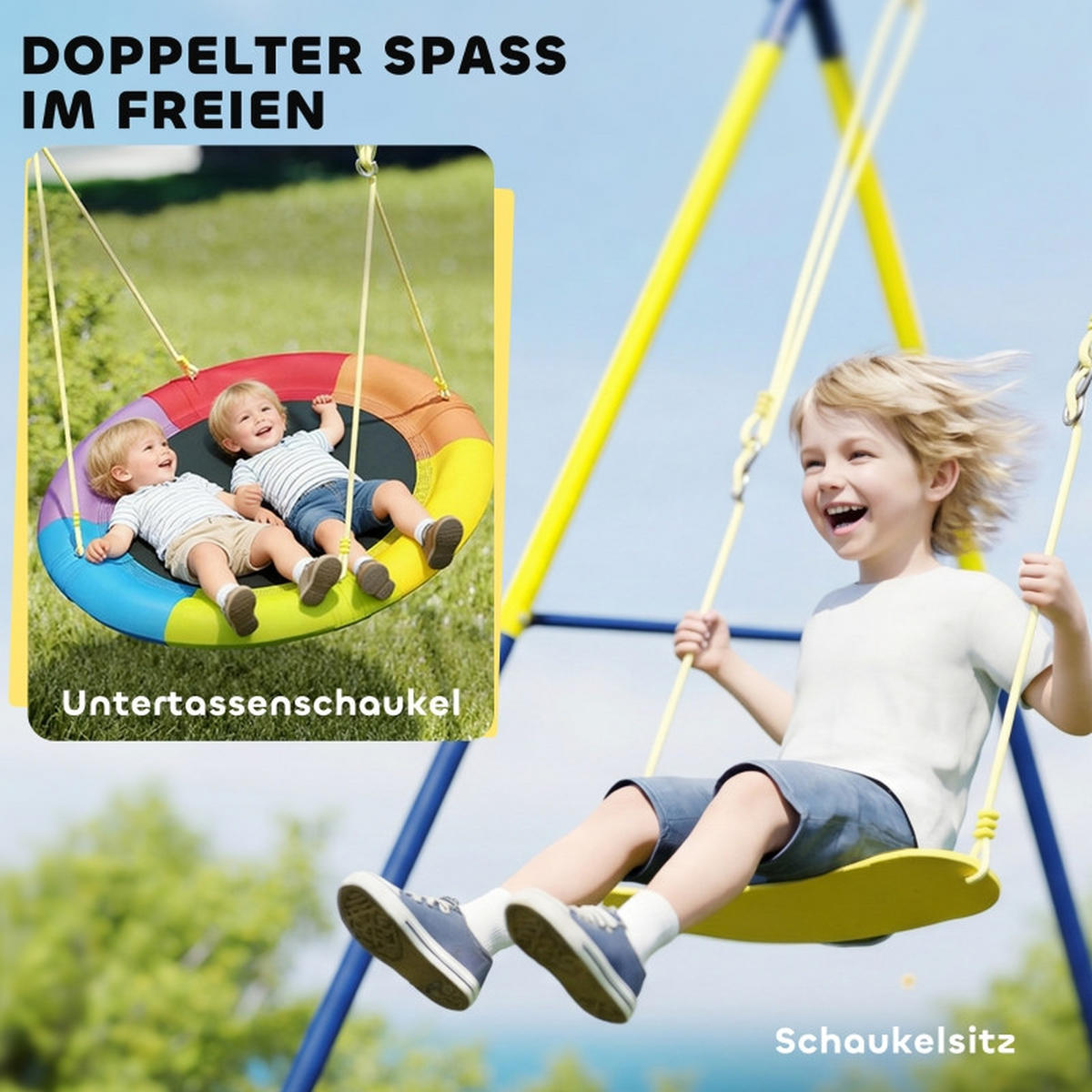 SCHAUKEL-SET mit Nestschaukel Gurtschaukel verstellbarem Seil für 3-8 Jahre 265x160x178cm - Blau, Metall (160/265cm) - Hauptrolle