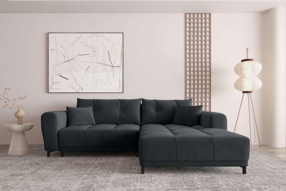 ECKSOFA Massimo Cordstoff Graphitfarben inkl. Schlaffunktion Rechts - Schwarz/Graphitfarben, Textil/Metall (246/177cm) - 99rooms
