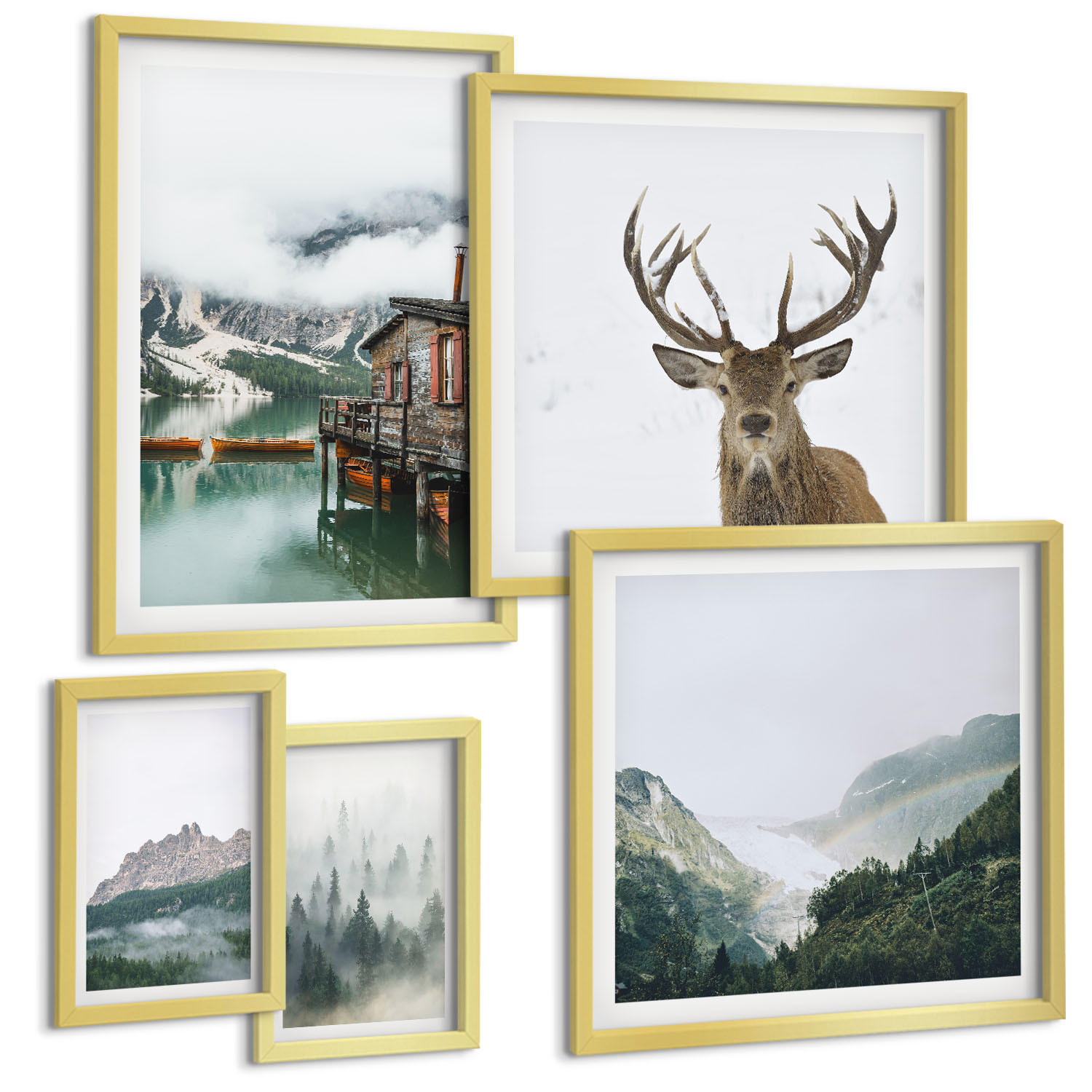 BILDER SET 5er Set - 50x50 cm & 20x30 cm & 40x60 cm Goldrahmen - Berge, See, Hirsche, Hütte, Nebel - Goldfarben, Kunststoff (40/60cm) - TULUP