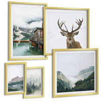 BILDER SET 5er Set - 50x50 cm & 20x30 cm & 40x60 cm Goldrahmen - Berge, See, Hirsche, Hütte, Nebel - Goldfarben, Kunststoff (40/60cm) - TULUP