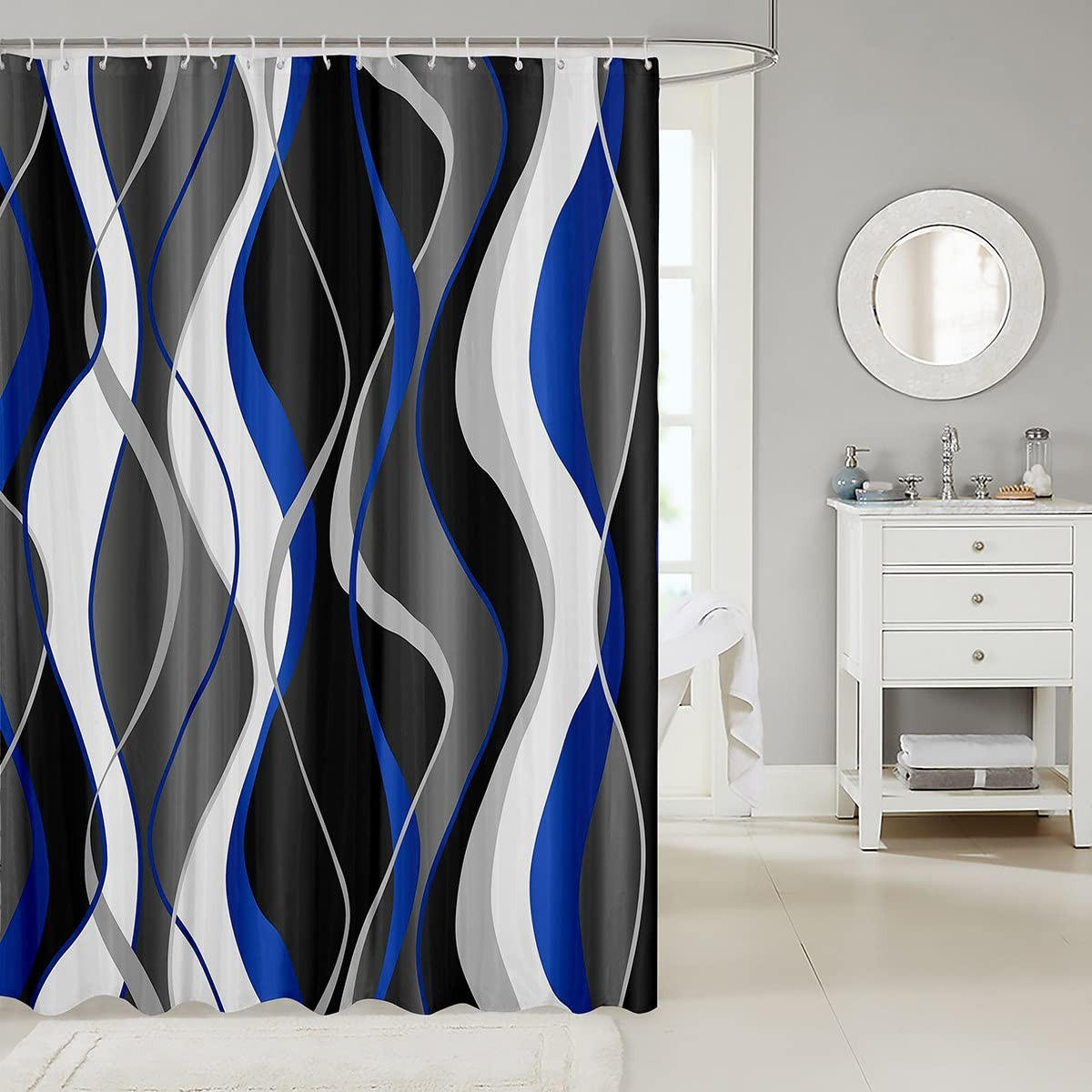 DUSCHVORHANG abstrakt bedruckt gestreift Blau wasserdicht mit Haken für Badewanne 180 x 180 cm - Blau, Textil (180/180cm) - MCBOSON