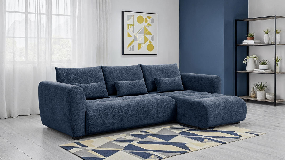 ECKSOFA SORENO 4-Sitzer, dunkelblau - Schwarz/Dunkelblau, Holz/Textil (293/171cm) - Courtois Laville