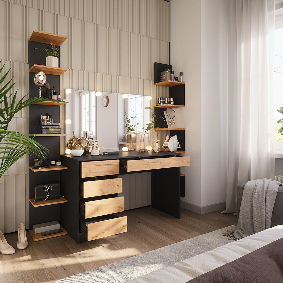 SCHMINKTISCH Sherry Anthrazit/Goldkraft Eiche 120 x 75 cm mit Spiegel & LED-Beleuchtung - Honigeiche/Anthrazit, Holzwerkstoff (120/75/55cm) - Vicco