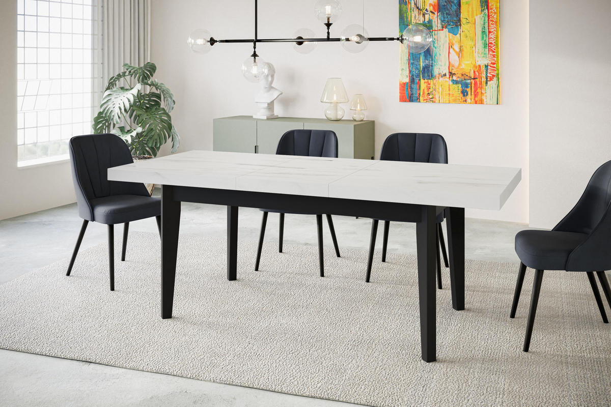 ESSZIMMERTISCH SKANDI, ausziehbarer Tisch: 200-300X100X78 cm, Farbe: MARMUR, mit Holzbeinen in Farbe Schwarz - Hellgrau/Schwarz, Holzwerkstoff (200/100/78cm) - Alpi-Möbel