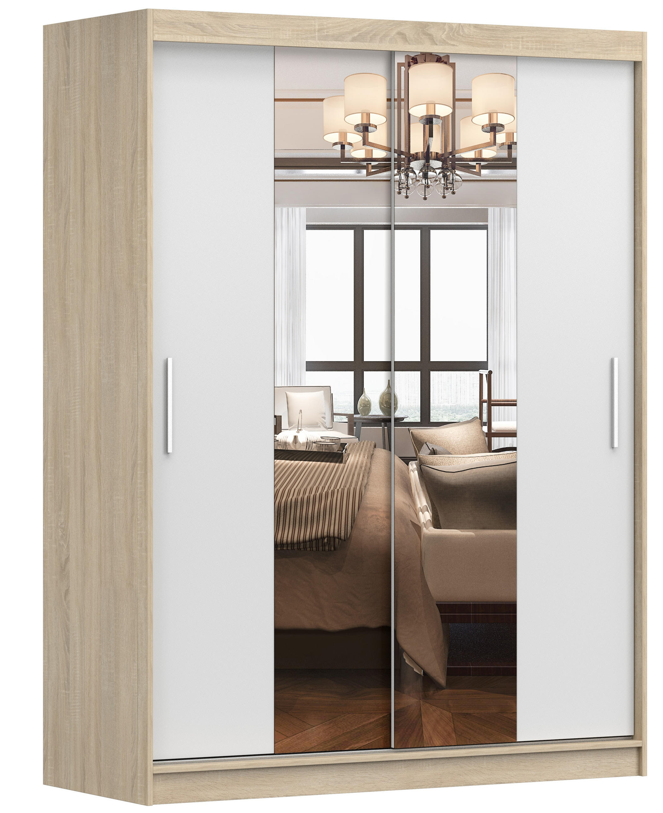 SCHWEBETÜRENSCHRANK Vista 01 Sonoma Eiche/Weiß mit Spiegel, mit LED- Beleuchtung 150cm - Alufarben/Weiß, Glas/Holzwerkstoff (150/200/61cm) - imoebel24