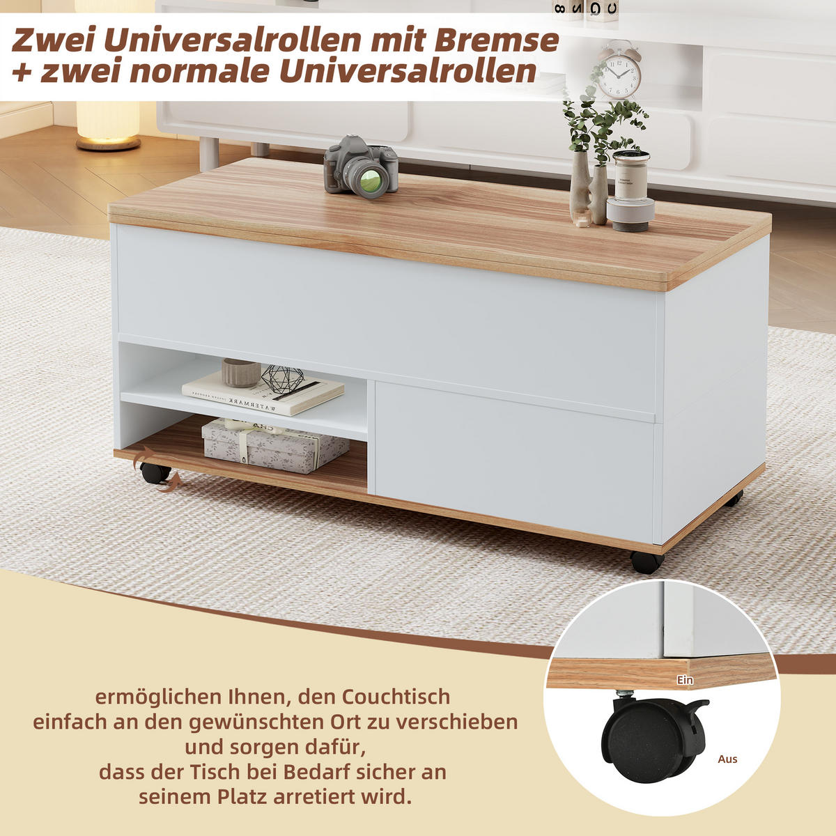 COUCHTISCH höhenverstellbar Weiß Naturholz 100x98x65cm mit Stauraum - Weiß, Holzwerkstoff (100/98/65cm) - FLIEKS