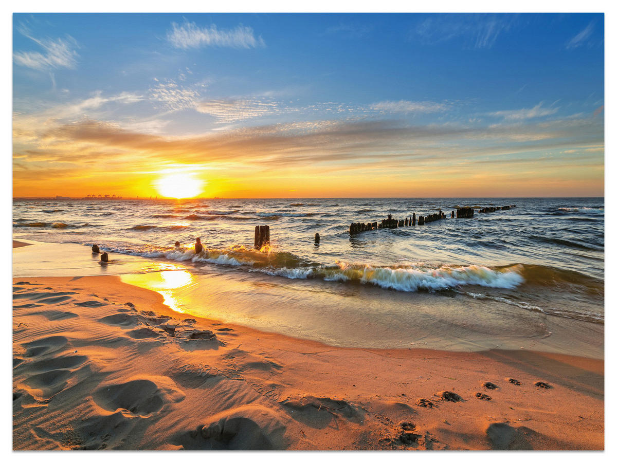 FOTOTAPETE Sonnenuntergang Strand Meer Landschaft 3D 500x350 cm - Blau/Gelb, Papier (500/350cm) - Muralo