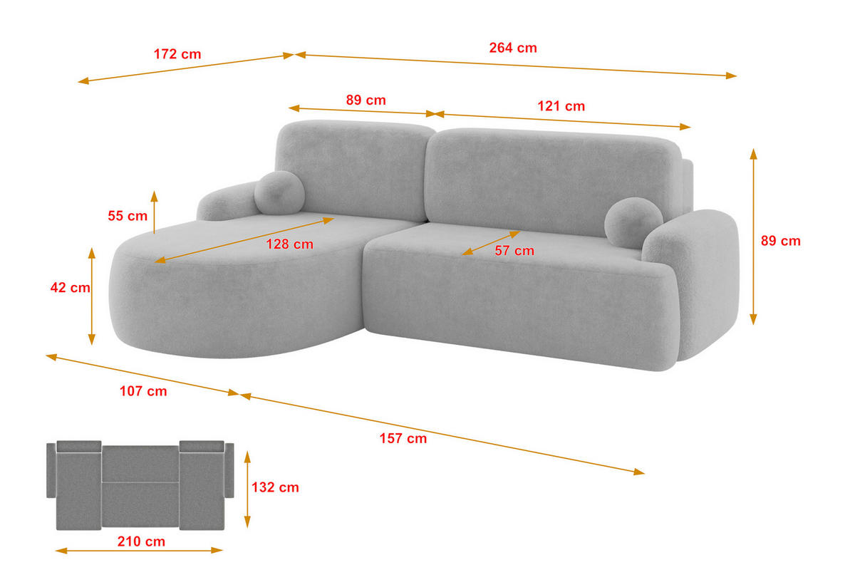 ECKSOFA mit Schlaffunktion und Bettkasten LIRA-L - 264x172x89 Grau - Grau, Holzwerkstoff/Textil (264/172cm) - ALTDECOR
