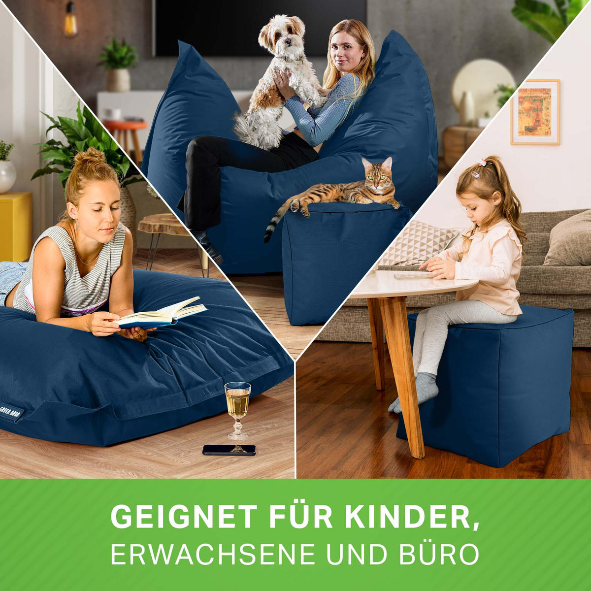 XXL-SITZSACK + Pouf 2er Set - 140x180cm - Dunkelblau, Textil (140/25/180cm) - Green Bean