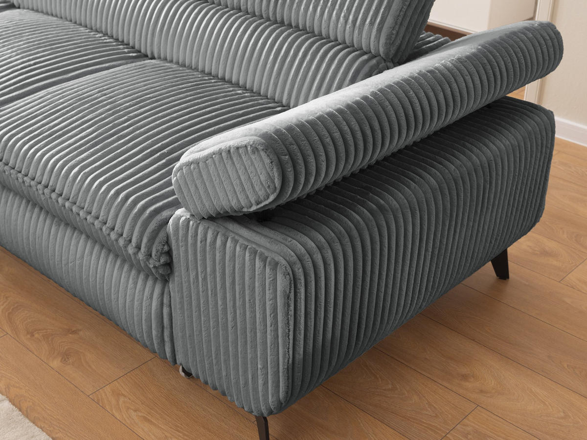 ECKSOFA mit Schlaffunktion und Bettkasten Bonnie aus Grau Cord-Stoff mit verstellbaren Kopfstützen und Armlehne - Ottomane links - Schwarz/Grau, Holz/Textil (275/210cm) - S-Style Möbel
