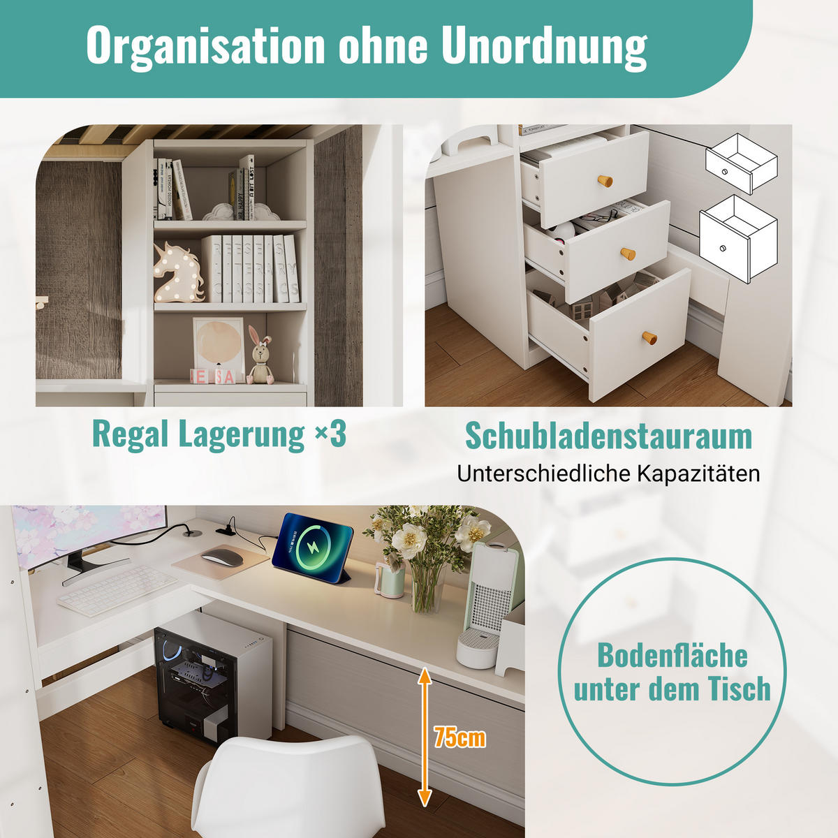 KINDEREINZELBETTEN aus Holz 90x200 cm in Weiß mit Schreibtisch & USB/Type-C-Ladefunktion - Weiß, Holz (90/200cm) - Modfu