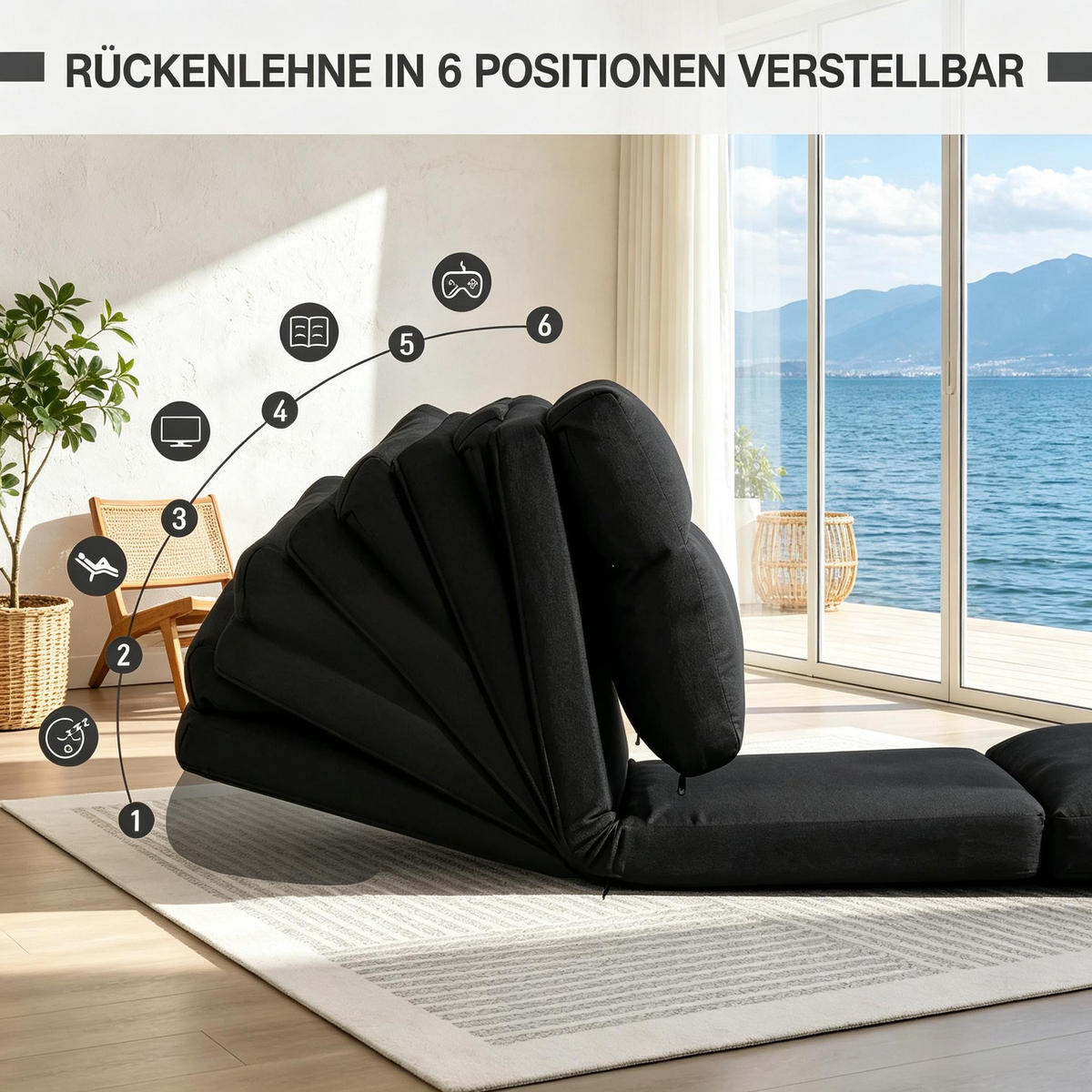 SCHLAFSESSEL DE-33491 5-fach verstellbar mit Bettfunktion Schwarz - Schwarz, Metall (70/56/72cm)