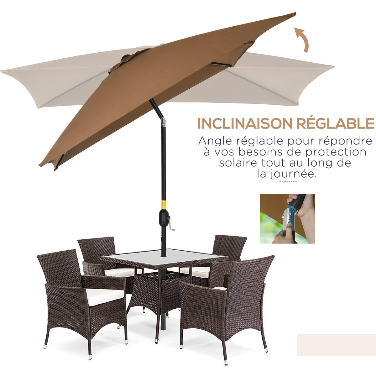 SONNENSCHIRM DE-11477 rechteckig, neigbar, mit Kurbel Braun - Braun, Metall (198/294cm) - ComfortXL