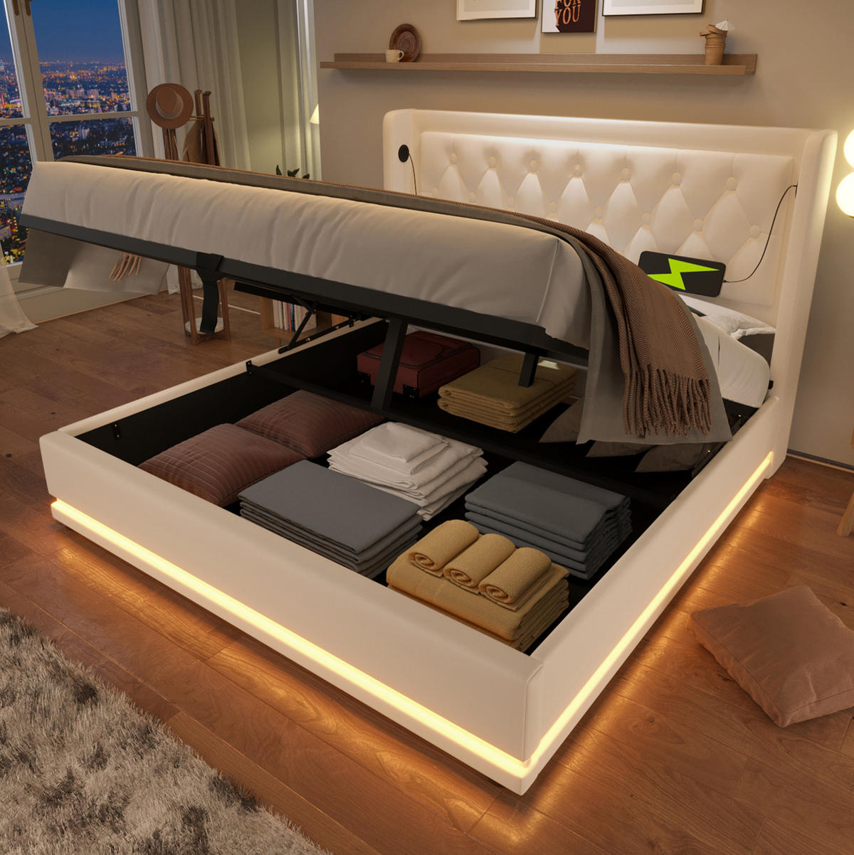POLSTERBETT mit Bettkasten USB & LED 140x200 cm PU Weiß - Weiß, Metall (140/200cm) - Meubliv