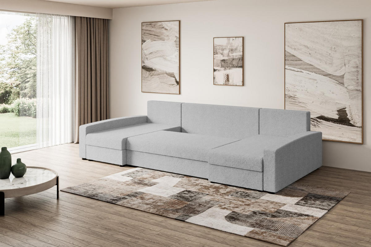 WOHNLANDSCHAFT mit Schlaffunktion und Bettkasten ALESIA-U 301x140x90 cm Grau Bouclé - Silberfarben/Hellgrau, Holzwerkstoff/Kunststoff (301/90/140cm) - ALTDECOR