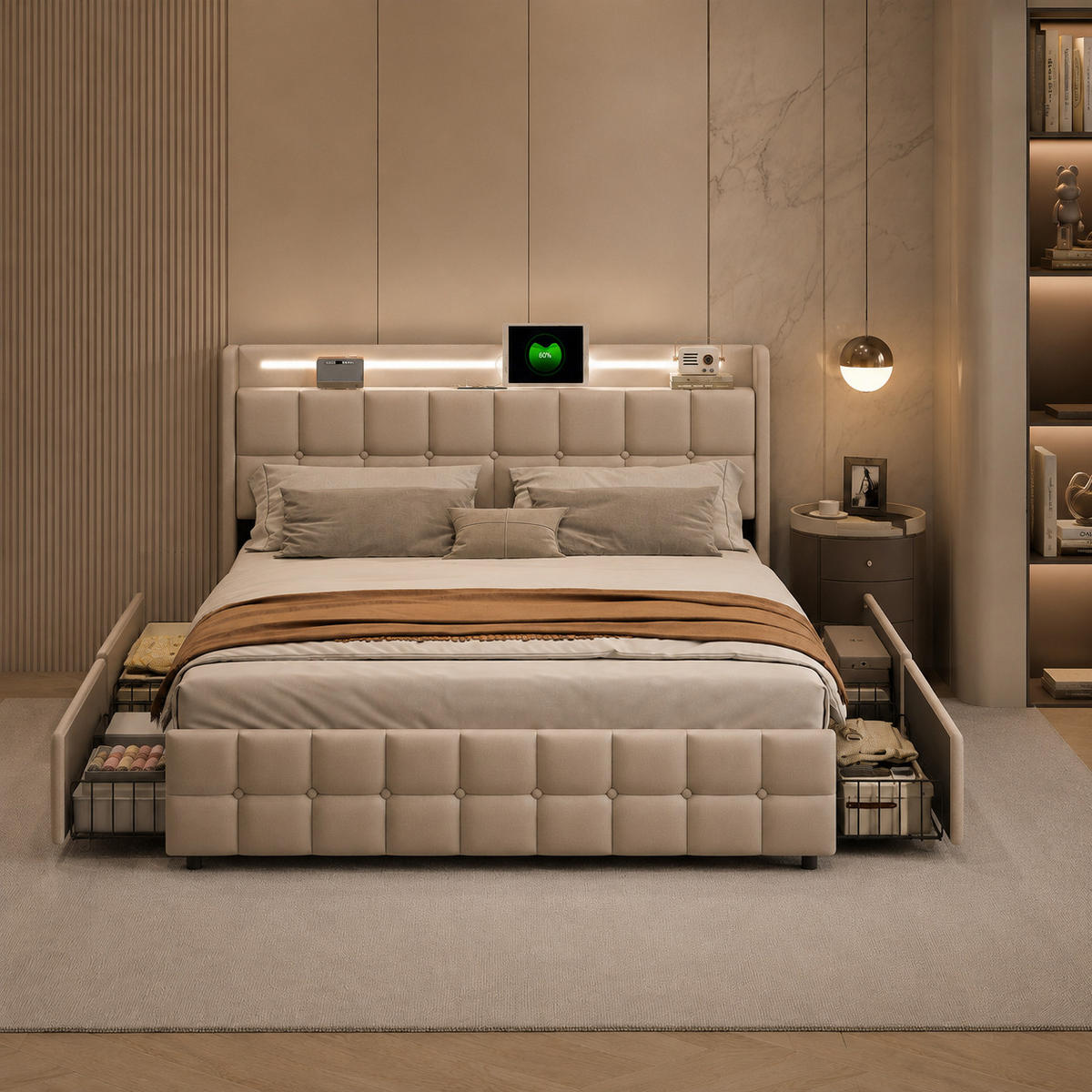 POLSTERBETT 180/200 cm mit LED & USB-Kopfteil und Schubladen, modernes Stauraumbett - Beige, Holz/Metall (180/200cm) - Joyfair