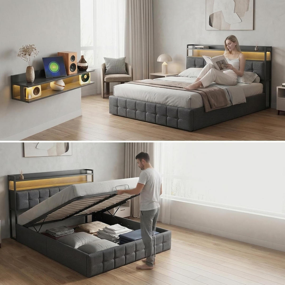 DOPPELBETT 160x200 cm Grau Leinen mit Stauraum USB-Ladefunktion - Naturfarben/Grau, Holz/Metall (160/200cm) - PARAFTA HOME