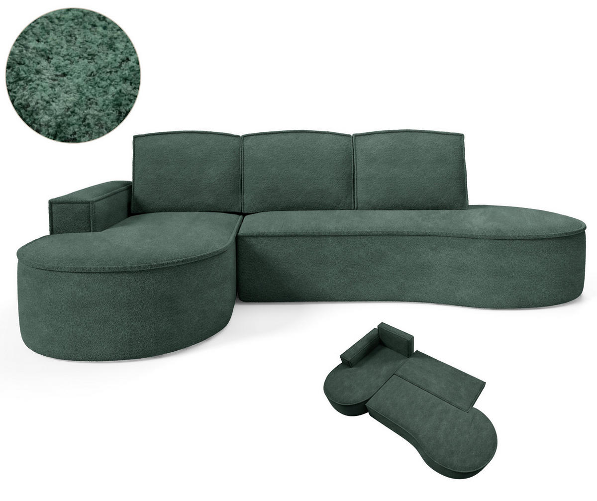 ECKSOFA MOLLY mit Schlaffunktion – Halbrund, freistehend, Liegefläche 140x207 cm, 3 Kissen, Abriamo-Stoff, 277x157x88 cm, Links Grün - Grün, Holz/Textil (157/277cm) - DomoHome